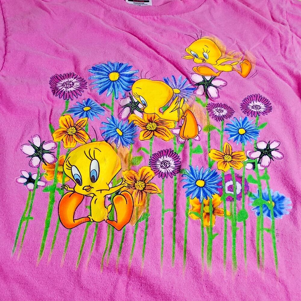 Vintage 1998 Tweety Bird Looney Tunes Pink Floral T-Shirt Size Large Tultex 90s